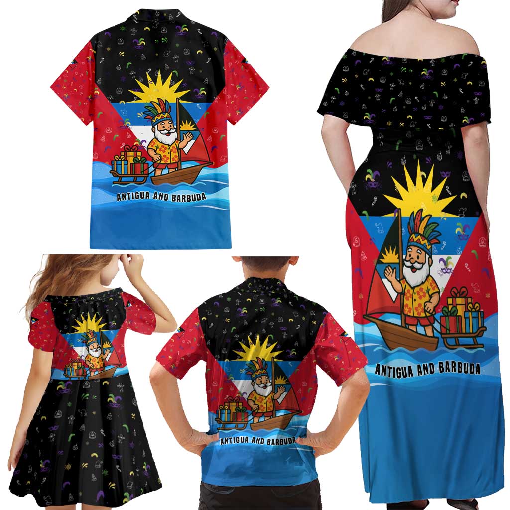 Antigua and Barbuda Christmas Family Matching Off Shoulder Maxi Dress and Hawaiian Shirt with Santa Sailboat Island Flag and Tropical Gift Design - Wonder Print Shop