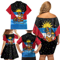 Antigua and Barbuda Christmas Family Matching Off Shoulder Short Dress and Hawaiian Shirt with Santa Sailboat Island Flag and Tropical Gift Design - Wonder Print Shop
