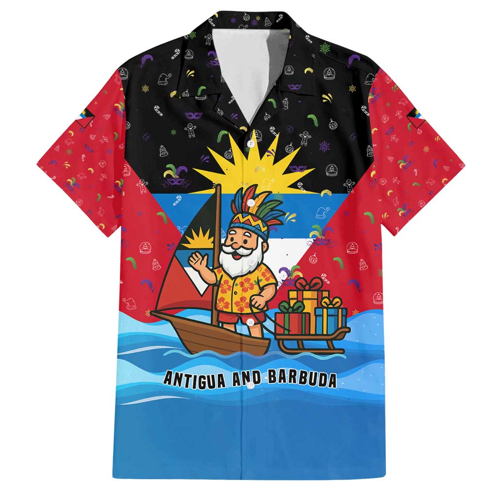 Antigua and Barbuda Christmas Family Matching Off Shoulder Short Dress and Hawaiian Shirt with Santa Sailboat Island Flag and Tropical Gift Design - Wonder Print Shop