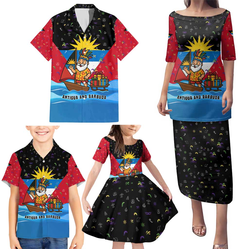Antigua and Barbuda Christmas Family Matching Puletasi and Hawaiian Shirt with Santa Sailboat Island Flag and Tropical Gift Design - Wonder Print Shop