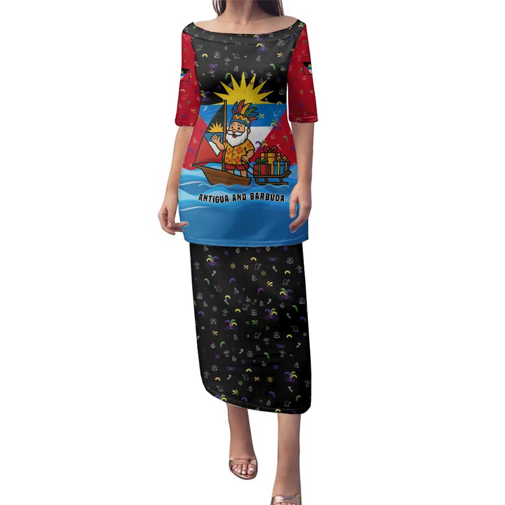 Antigua and Barbuda Christmas Family Matching Puletasi and Hawaiian Shirt with Santa Sailboat Island Flag and Tropical Gift Design - Wonder Print Shop