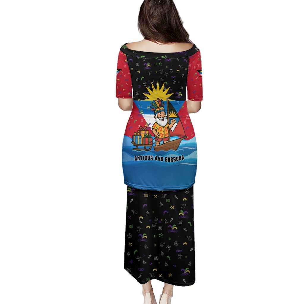 Antigua and Barbuda Christmas Family Matching Puletasi and Hawaiian Shirt with Santa Sailboat Island Flag and Tropical Gift Design - Wonder Print Shop