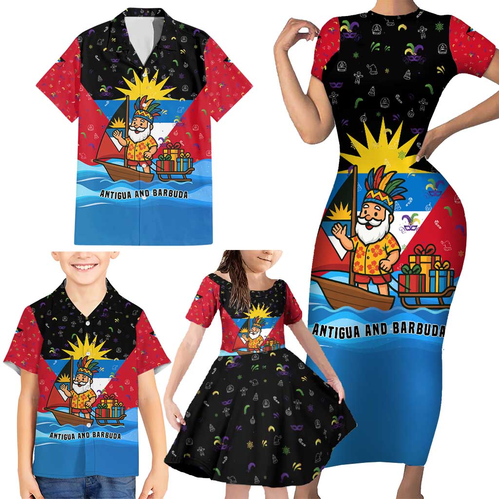 Antigua and Barbuda Christmas Family Matching Short Sleeve Bodycon Dress and Hawaiian Shirt with Santa Sailboat Island Flag and Tropical Gift Design - Wonder Print Shop