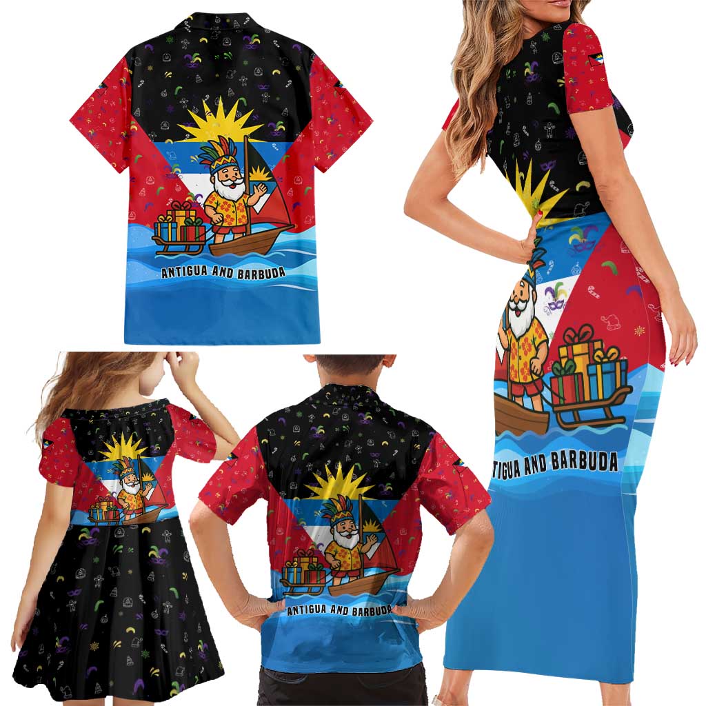 Antigua and Barbuda Christmas Family Matching Short Sleeve Bodycon Dress and Hawaiian Shirt with Santa Sailboat Island Flag and Tropical Gift Design - Wonder Print Shop