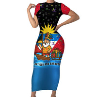 Antigua and Barbuda Christmas Family Matching Short Sleeve Bodycon Dress and Hawaiian Shirt with Santa Sailboat Island Flag and Tropical Gift Design - Wonder Print Shop