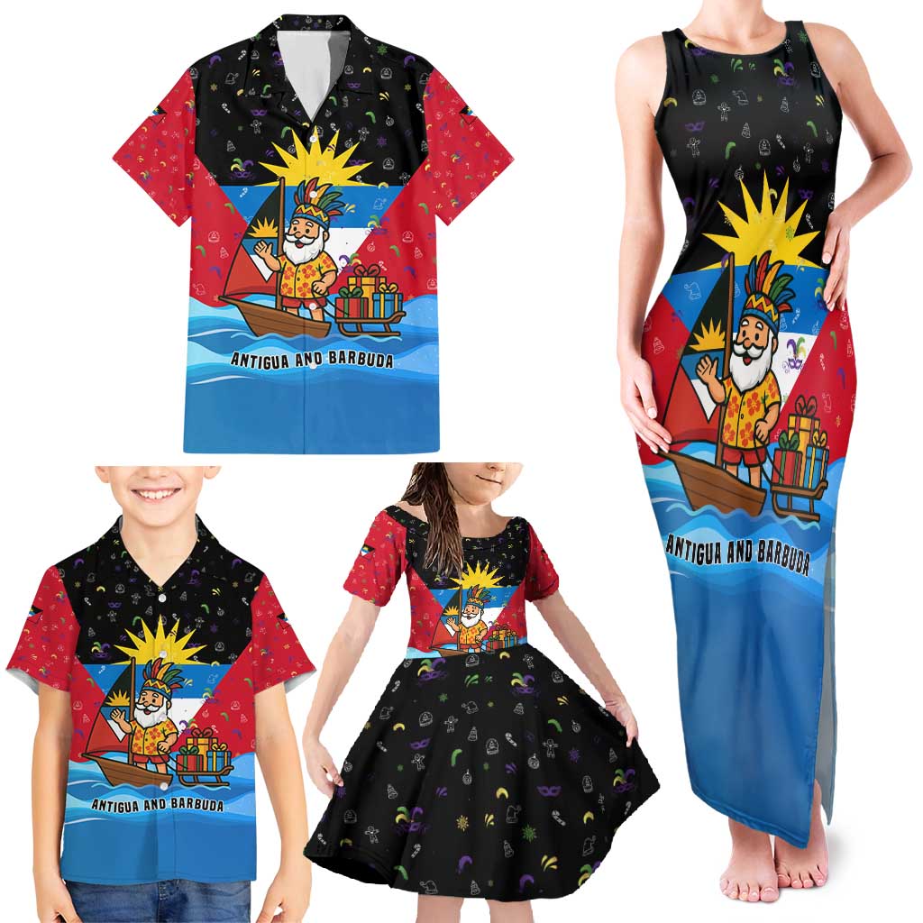 Antigua and Barbuda Christmas Family Matching Tank Maxi Dress and Hawaiian Shirt with Santa Sailboat Island Flag and Tropical Gift Design - Wonder Print Shop