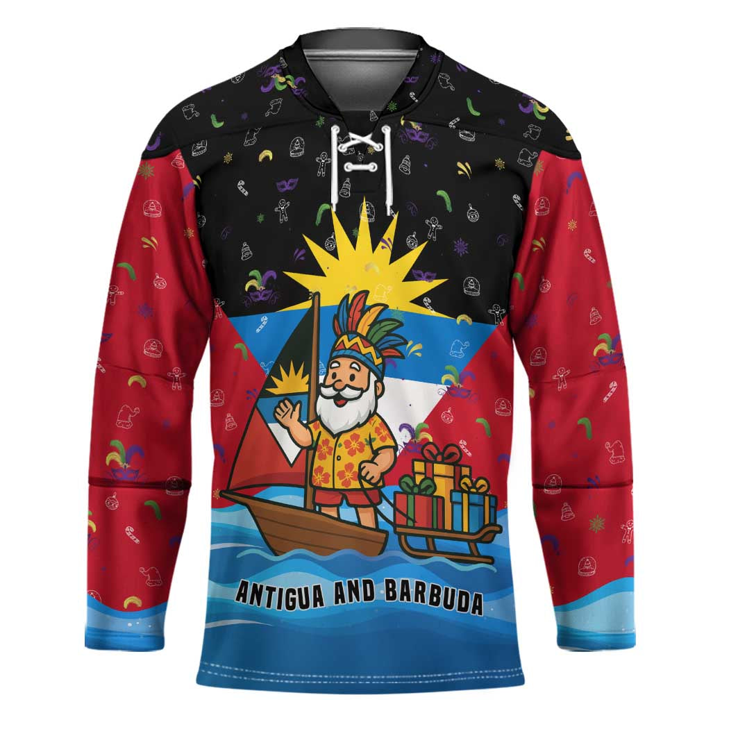 Antigua and Barbuda Christmas Hockey Jersey with Santa Sailboat Island Flag and Tropical Gift Design - Wonder Print Shop