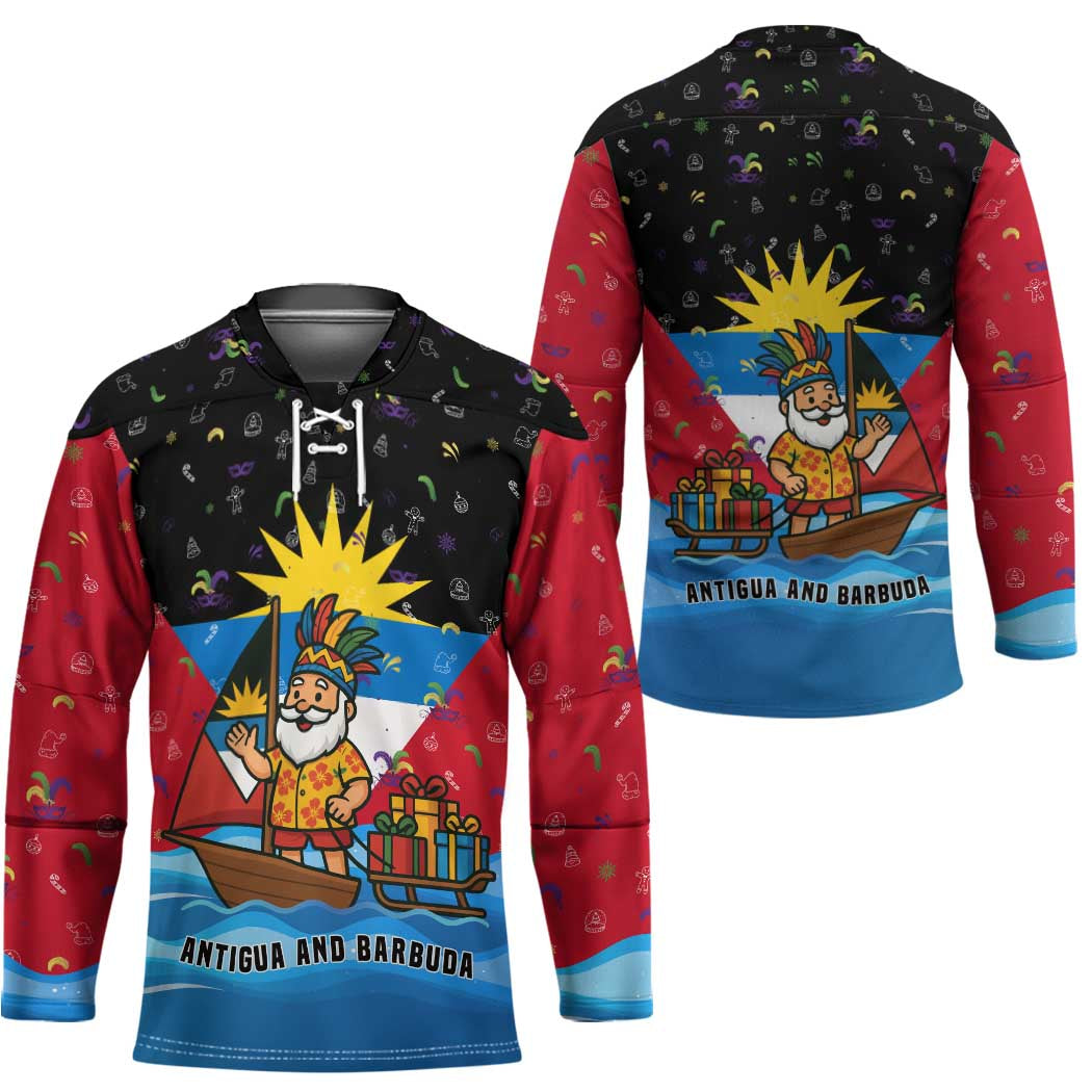 Antigua and Barbuda Christmas Hockey Jersey with Santa Sailboat Island Flag and Tropical Gift Design - Wonder Print Shop