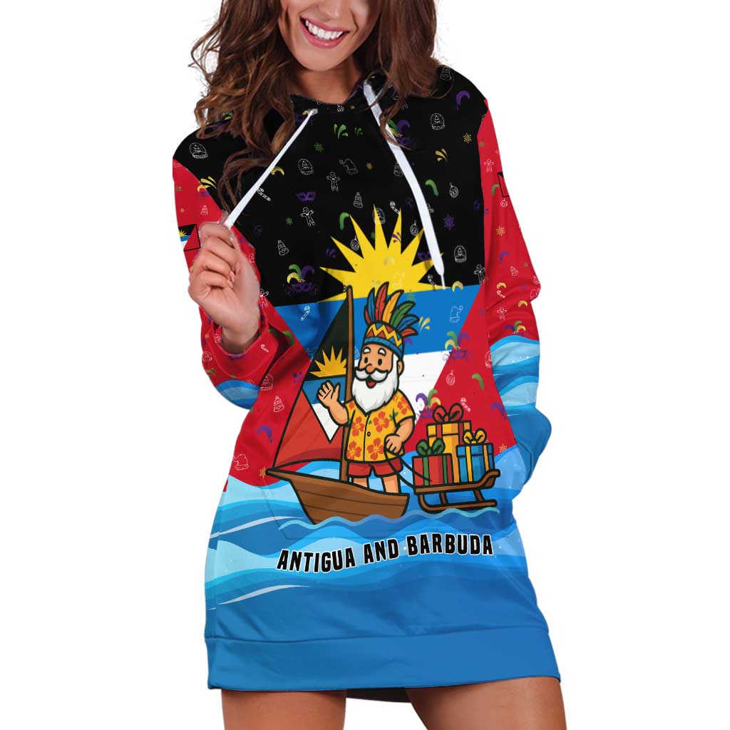 Antigua and Barbuda Christmas Hoodie Dress with Santa Sailboat Island Flag and Tropical Gift Design - Wonder Print Shop