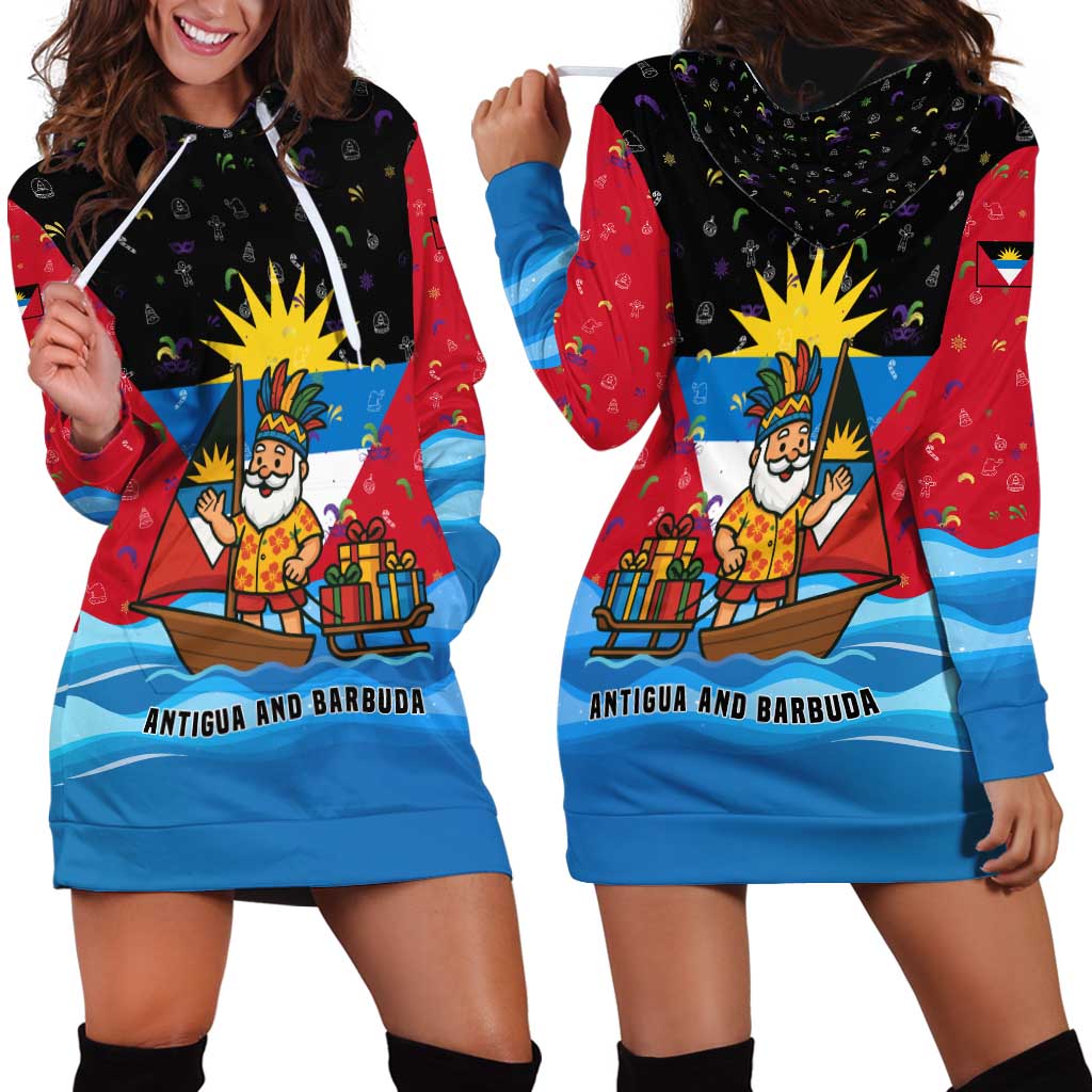 Antigua and Barbuda Christmas Hoodie Dress with Santa Sailboat Island Flag and Tropical Gift Design - Wonder Print Shop