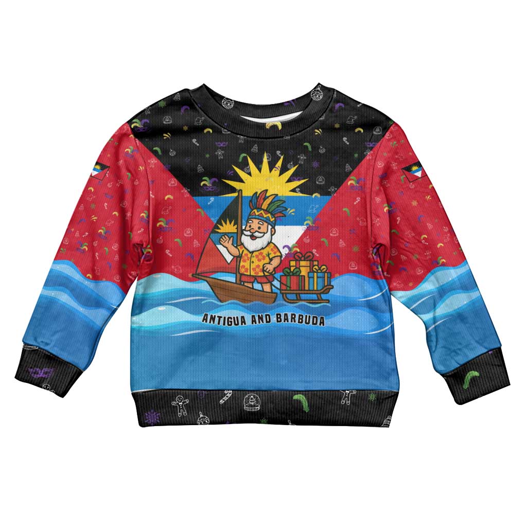 Antigua and Barbuda Christmas Kid Ugly Christmas Sweater with Santa Sailboat Island Flag and Tropical Gift Design - Wonder Print Shop