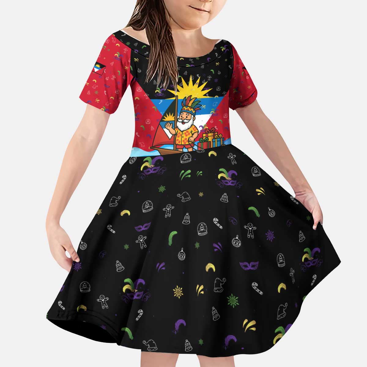 Antigua and Barbuda Christmas Kid Short Sleeve Dress with Santa Sailboat Island Flag and Tropical Gift Design - Wonder Print Shop