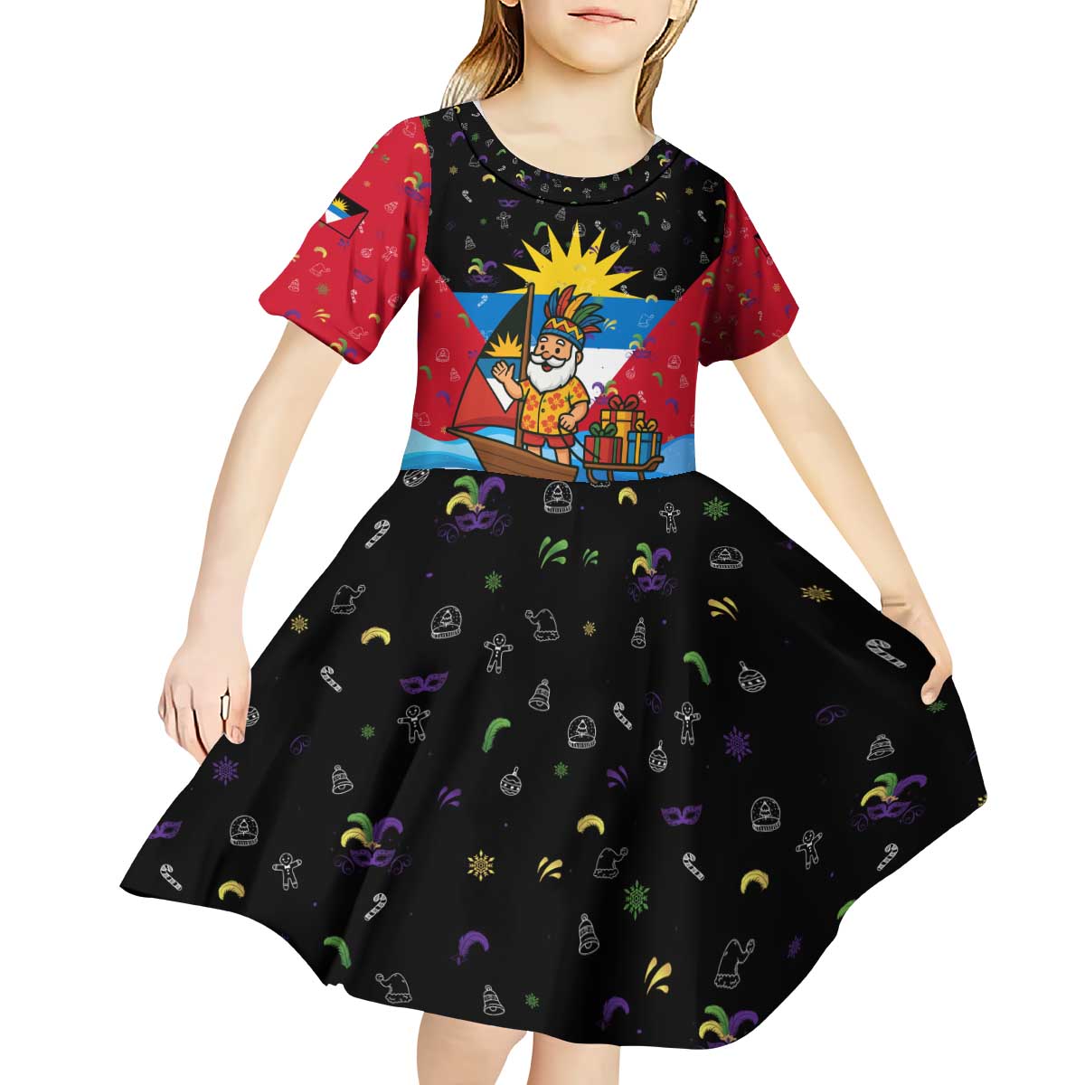 Antigua and Barbuda Christmas Kid Short Sleeve Dress with Santa Sailboat Island Flag and Tropical Gift Design - Wonder Print Shop