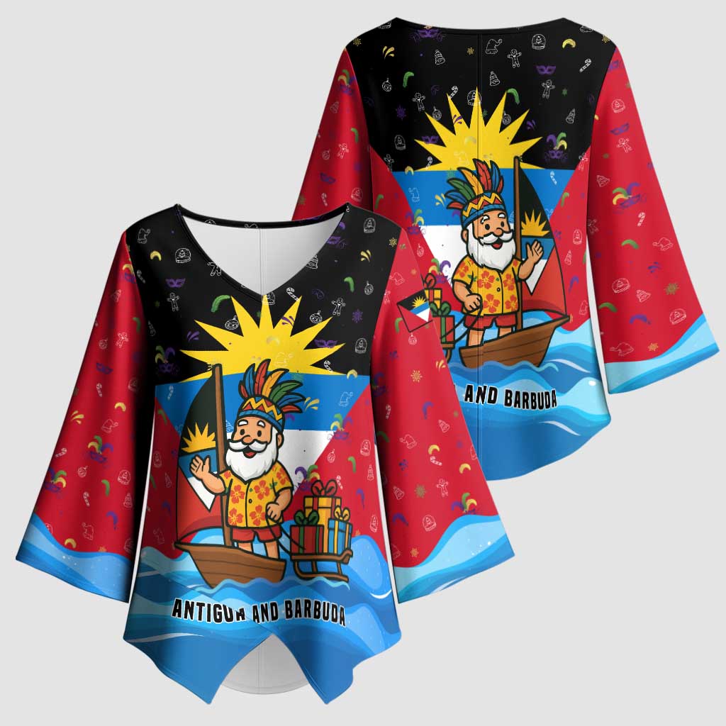 Antigua and Barbuda Christmas Kimono Sleeve Blouse with Santa Sailboat Island Flag and Tropical Gift Design - Wonder Print Shop