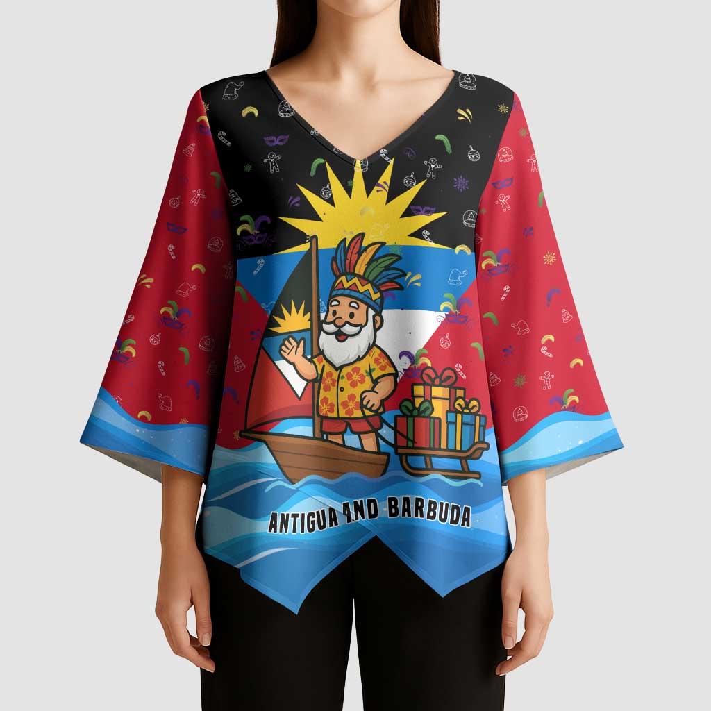 Antigua and Barbuda Christmas Kimono Sleeve Blouse with Santa Sailboat Island Flag and Tropical Gift Design - Wonder Print Shop