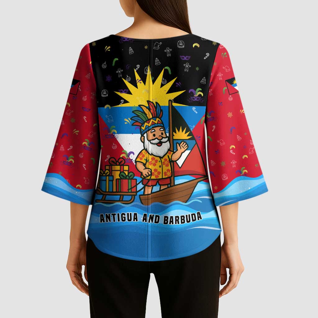 Antigua and Barbuda Christmas Kimono Sleeve Blouse with Santa Sailboat Island Flag and Tropical Gift Design - Wonder Print Shop
