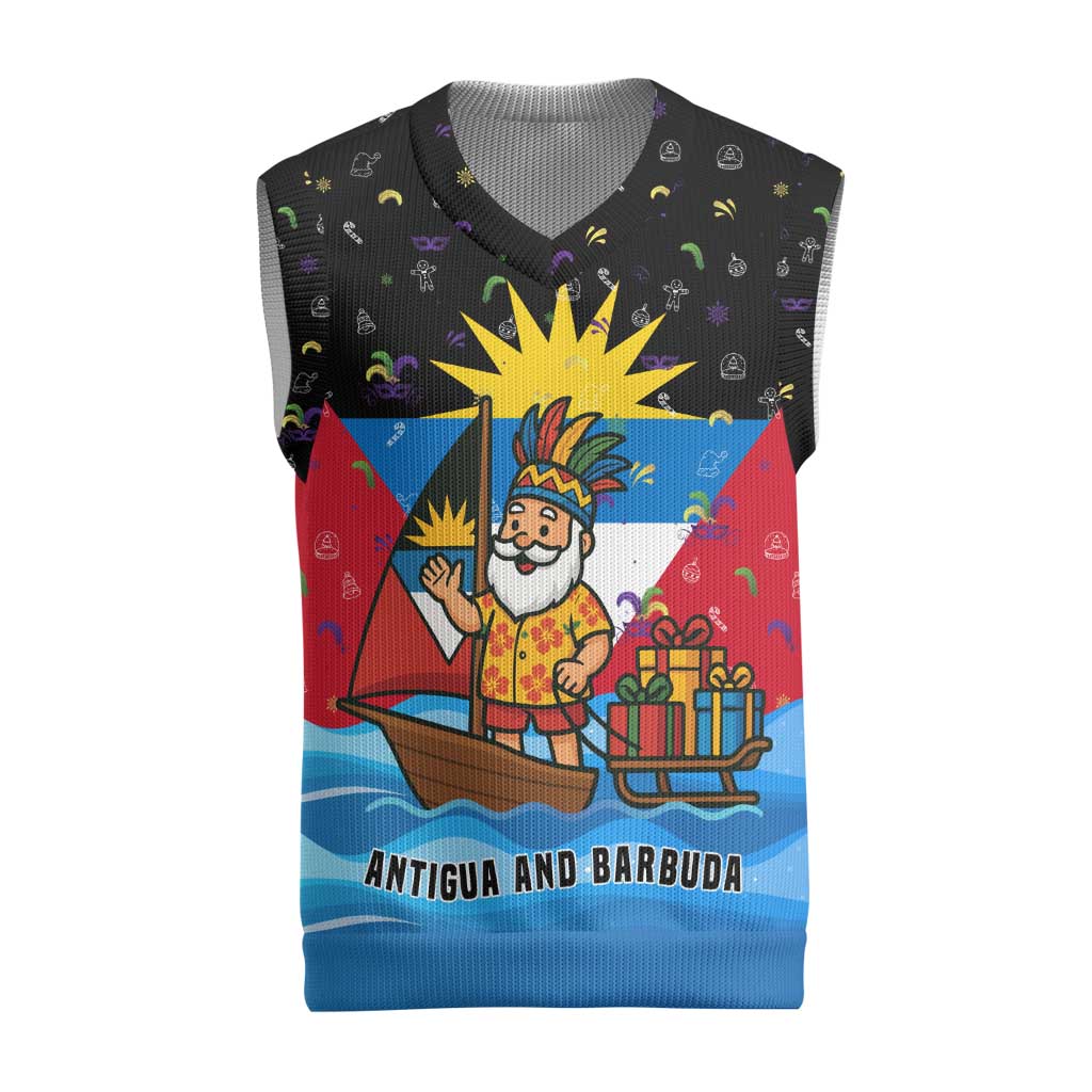 Antigua and Barbuda Christmas Knitted V-Neck Vest with Santa Sailboat Island Flag and Tropical Gift Design - Wonder Print Shop