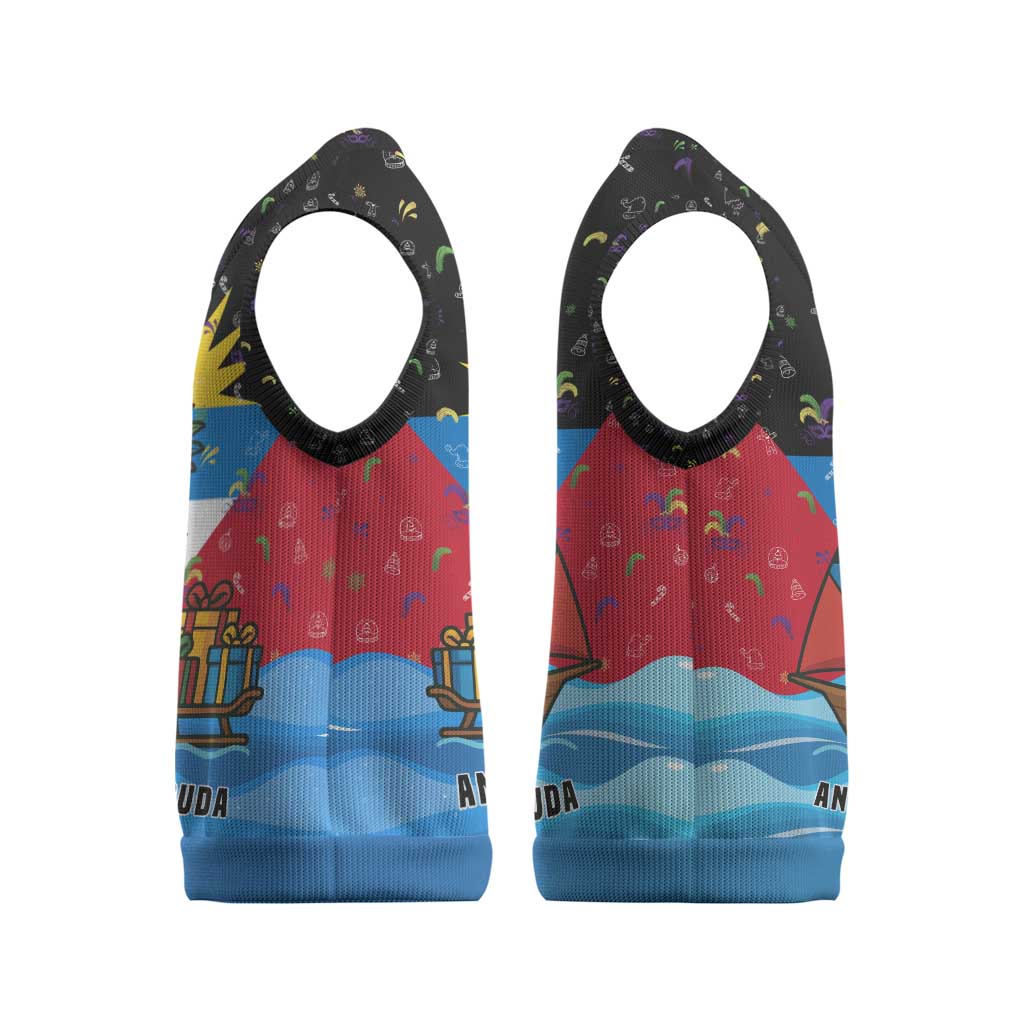 Antigua and Barbuda Christmas Knitted V-Neck Vest with Santa Sailboat Island Flag and Tropical Gift Design - Wonder Print Shop