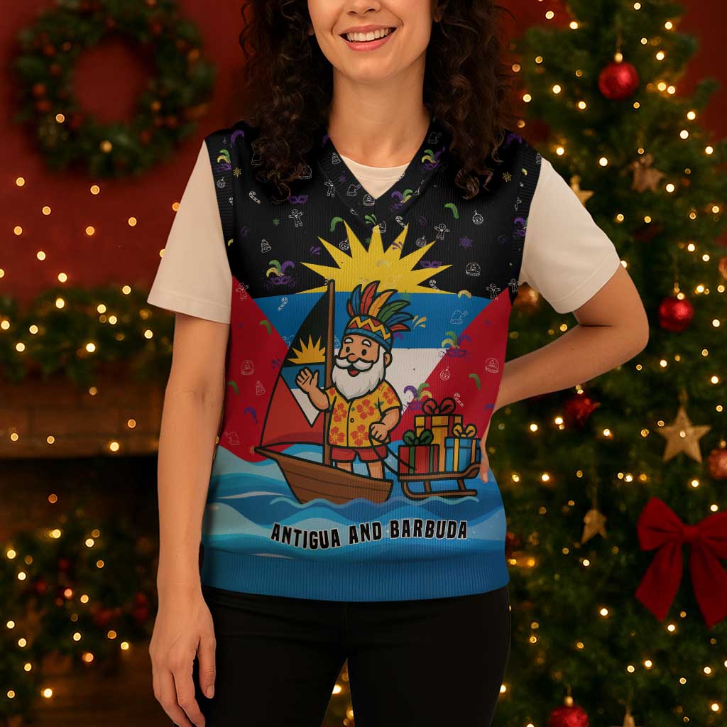 Antigua and Barbuda Christmas Knitted V-Neck Vest with Santa Sailboat Island Flag and Tropical Gift Design - Wonder Print Shop