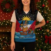 Antigua and Barbuda Christmas Knitted V-Neck Vest with Santa Sailboat Island Flag and Tropical Gift Design - Wonder Print Shop