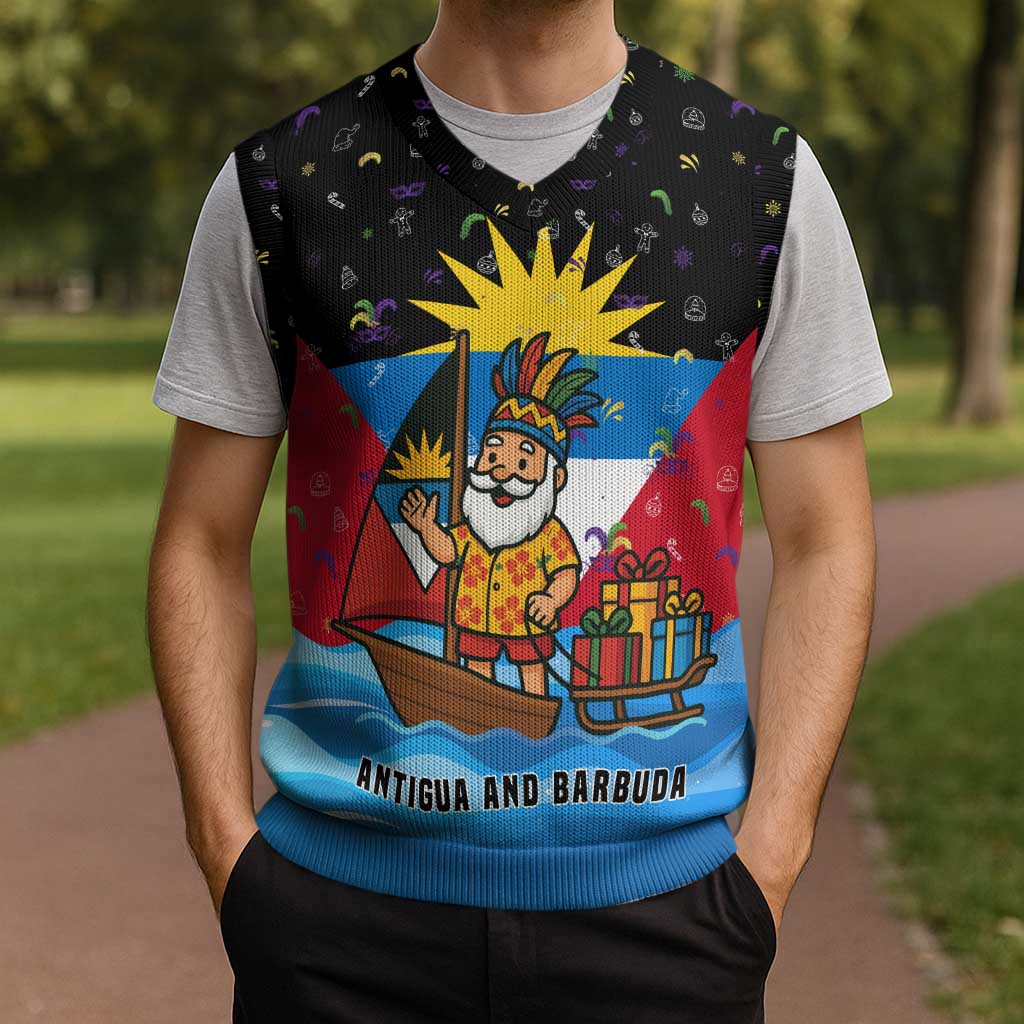Antigua and Barbuda Christmas Knitted V-Neck Vest with Santa Sailboat Island Flag and Tropical Gift Design - Wonder Print Shop