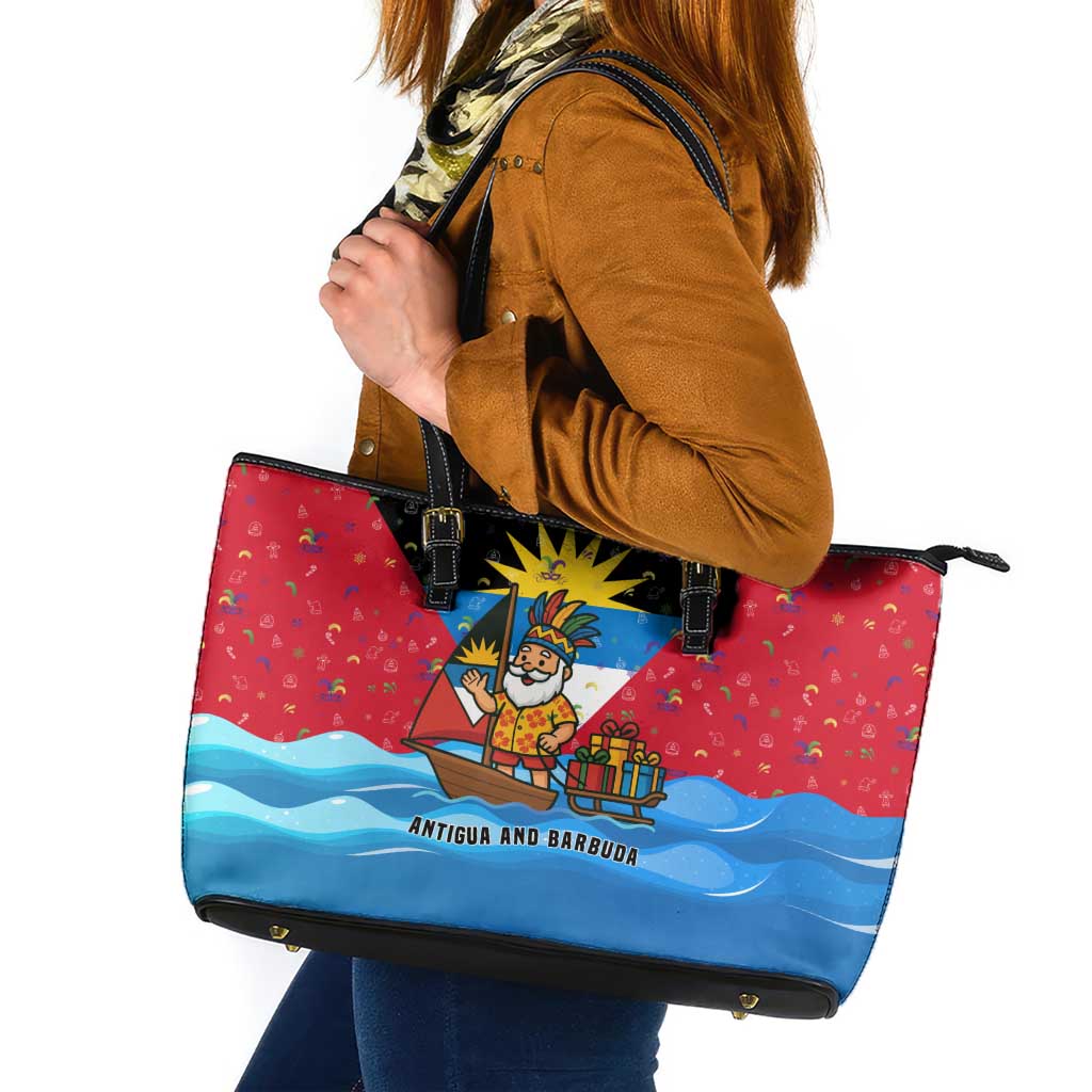 Antigua and Barbuda Christmas Leather Tote Bag with Santa Sailboat Island Flag and Tropical Gift Design - Wonder Print Shop
