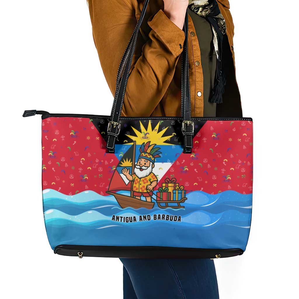Antigua and Barbuda Christmas Leather Tote Bag with Santa Sailboat Island Flag and Tropical Gift Design - Wonder Print Shop