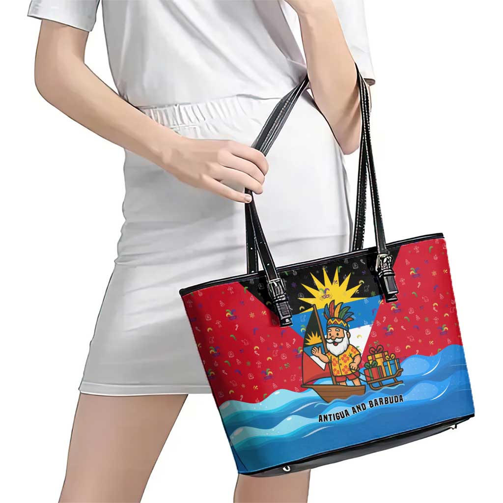 Antigua and Barbuda Christmas Leather Tote Bag with Santa Sailboat Island Flag and Tropical Gift Design - Wonder Print Shop