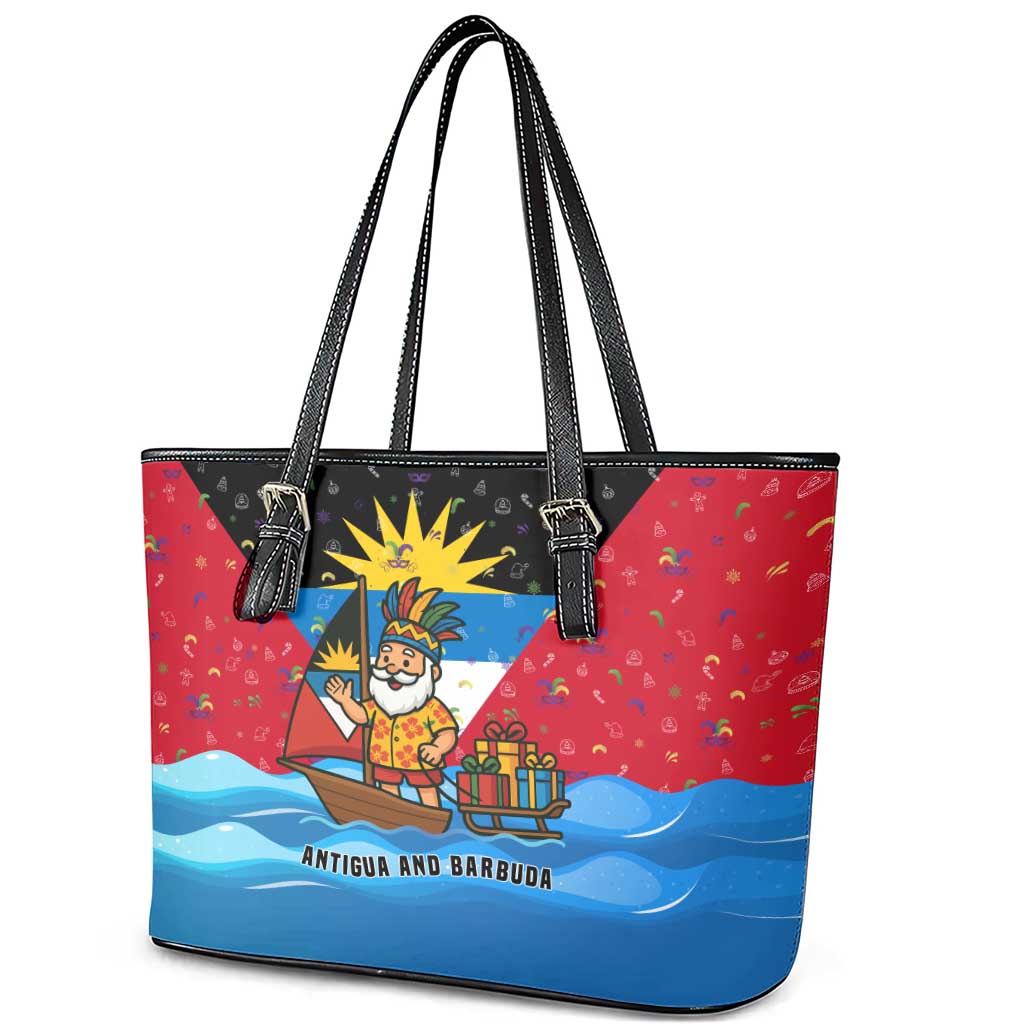 Antigua and Barbuda Christmas Leather Tote Bag with Santa Sailboat Island Flag and Tropical Gift Design - Wonder Print Shop