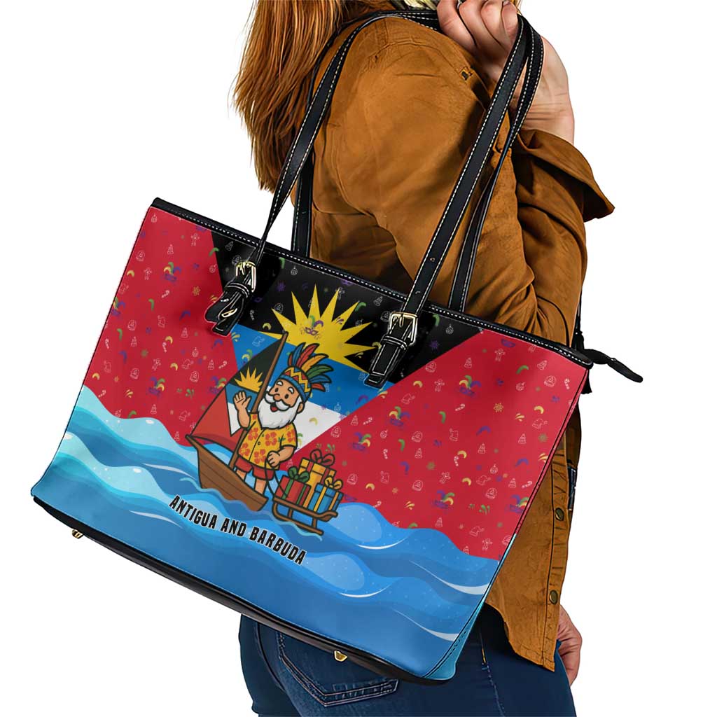 Antigua and Barbuda Christmas Leather Tote Bag with Santa Sailboat Island Flag and Tropical Gift Design - Wonder Print Shop