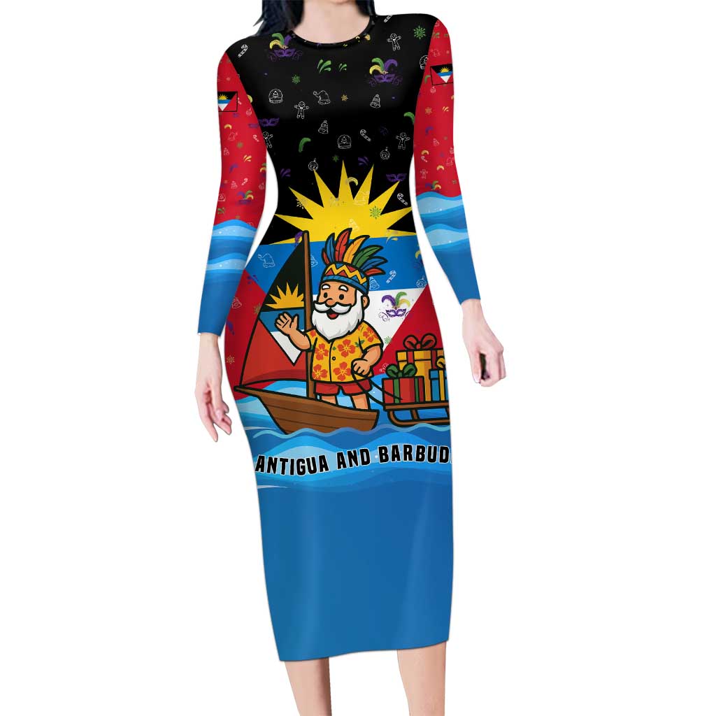 Antigua and Barbuda Christmas Long Sleeve Bodycon Dress with Santa Sailboat Island Flag and Tropical Gift Design - Wonder Print Shop