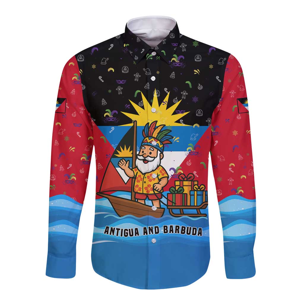 Antigua and Barbuda Christmas Long Sleeve Button Shirt with Santa Sailboat Island Flag and Tropical Gift Design - Wonder Print Shop