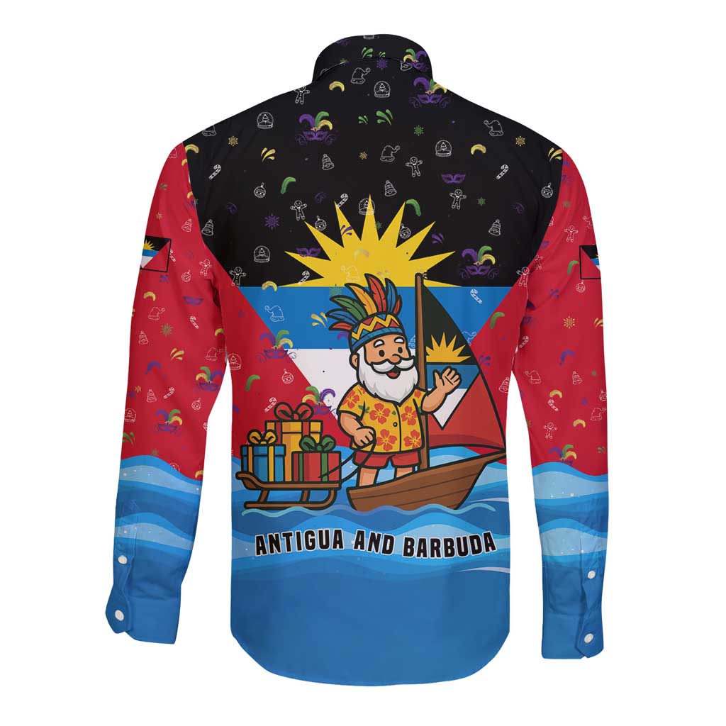 Antigua and Barbuda Christmas Long Sleeve Button Shirt with Santa Sailboat Island Flag and Tropical Gift Design - Wonder Print Shop