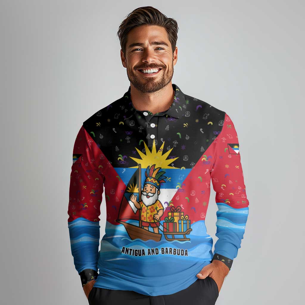 Antigua and Barbuda Christmas Long Sleeve Polo Shirt with Santa Sailboat Island Flag and Tropical Gift Design - Wonder Print Shop