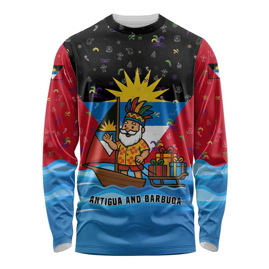 Antigua and Barbuda Christmas Long Sleeve Shirt with Santa Sailboat Island Flag and Tropical Gift Design - Wonder Print Shop