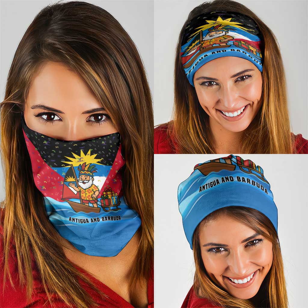 Antigua and Barbuda Christmas Neck Gaiter with Santa Sailboat Island Flag and Tropical Gift Design - Wonder Print Shop