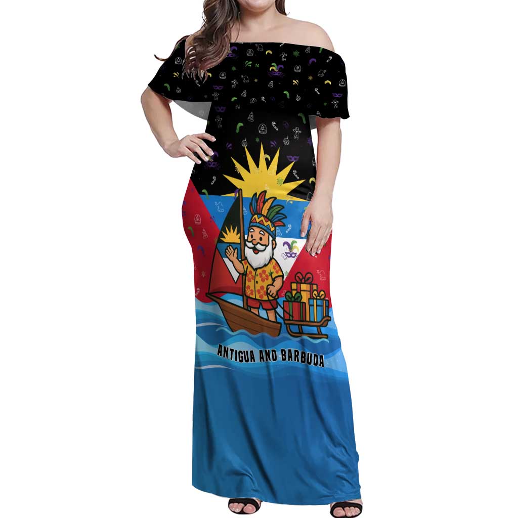 Antigua and Barbuda Christmas Off Shoulder Maxi Dress with Santa Sailboat Island Flag and Tropical Gift Design - Wonder Print Shop