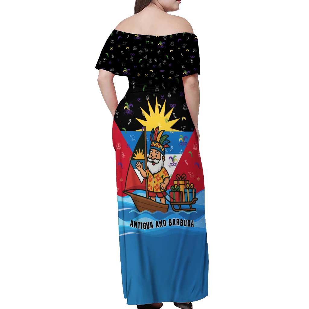 Antigua and Barbuda Christmas Off Shoulder Maxi Dress with Santa Sailboat Island Flag and Tropical Gift Design - Wonder Print Shop