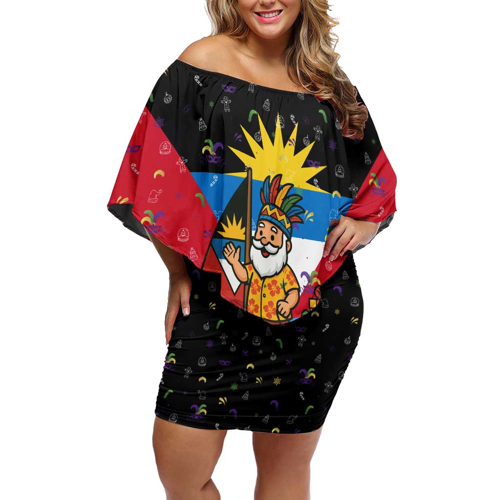 Antigua and Barbuda Christmas Off Shoulder Short Dress with Santa Sailboat Island Flag and Tropical Gift Design - Wonder Print Shop