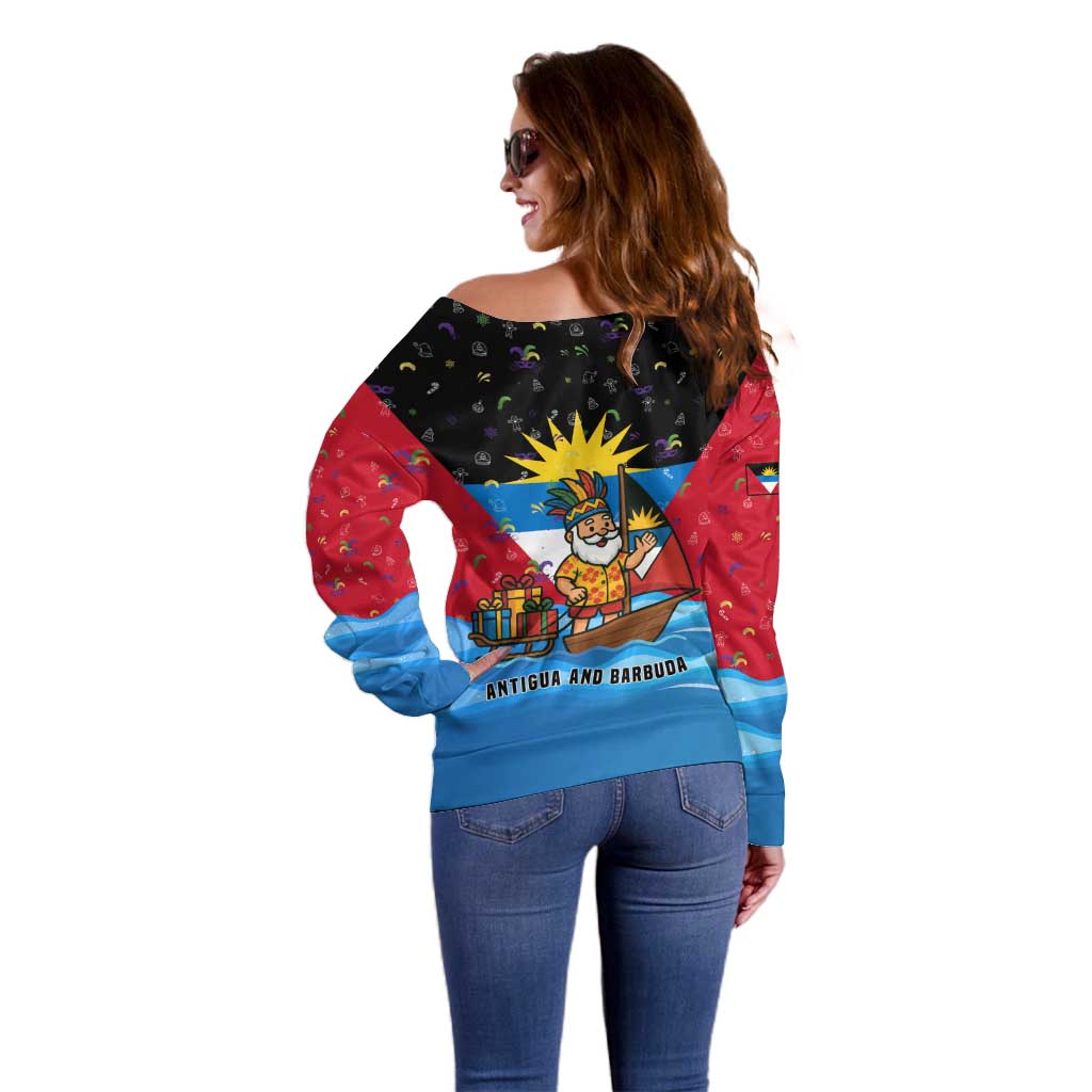 Antigua and Barbuda Christmas Off Shoulder Sweater with Santa Sailboat Island Flag and Tropical Gift Design - Wonder Print Shop