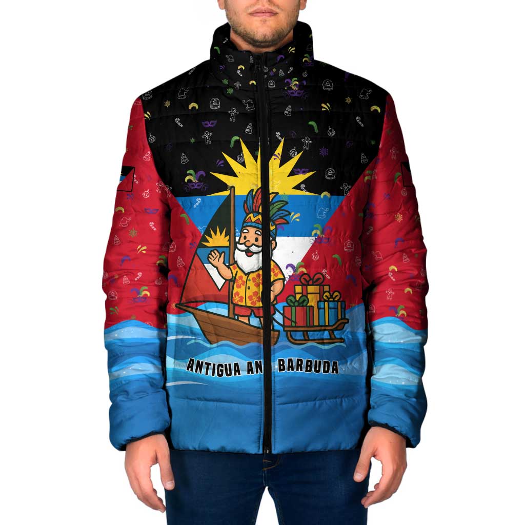 Antigua and Barbuda Christmas Padded Jacket with Santa Sailboat Island Flag and Tropical Gift Design - Wonder Print Shop