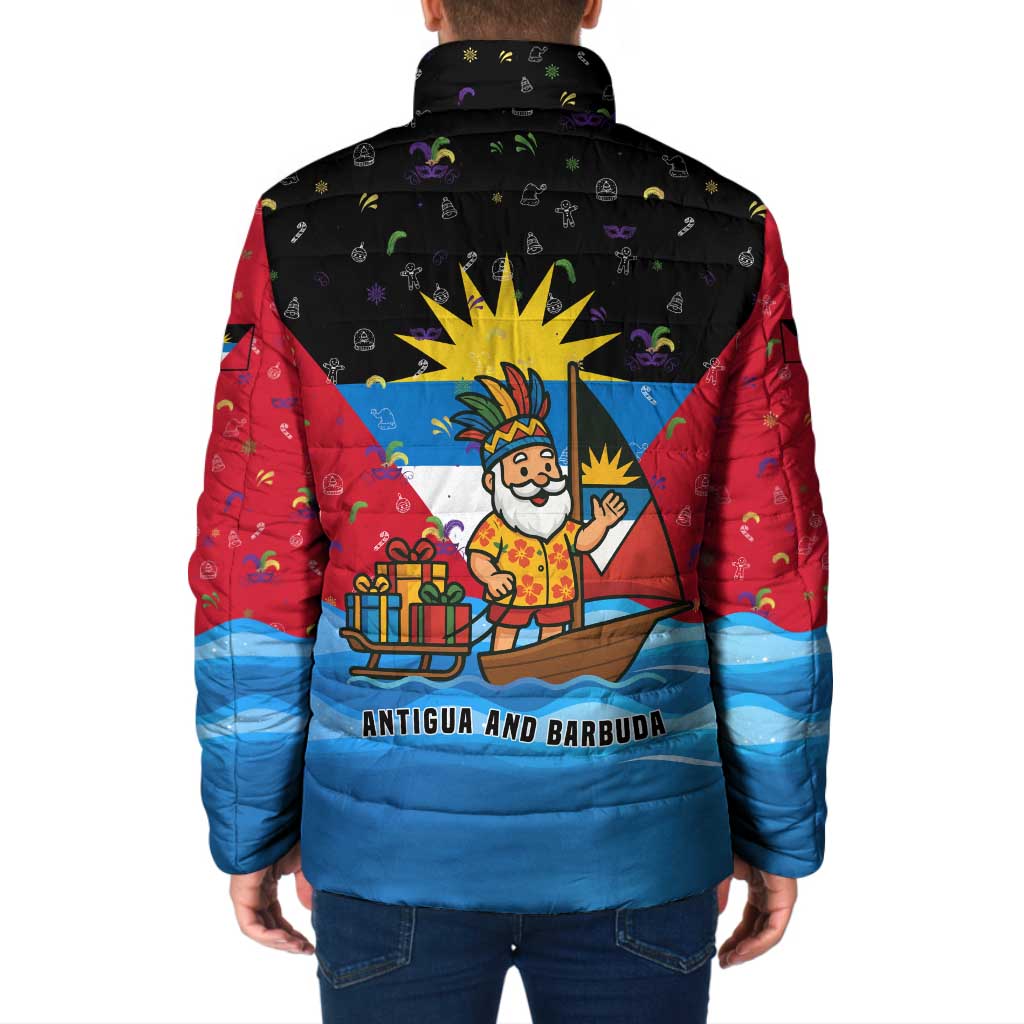 Antigua and Barbuda Christmas Padded Jacket with Santa Sailboat Island Flag and Tropical Gift Design - Wonder Print Shop