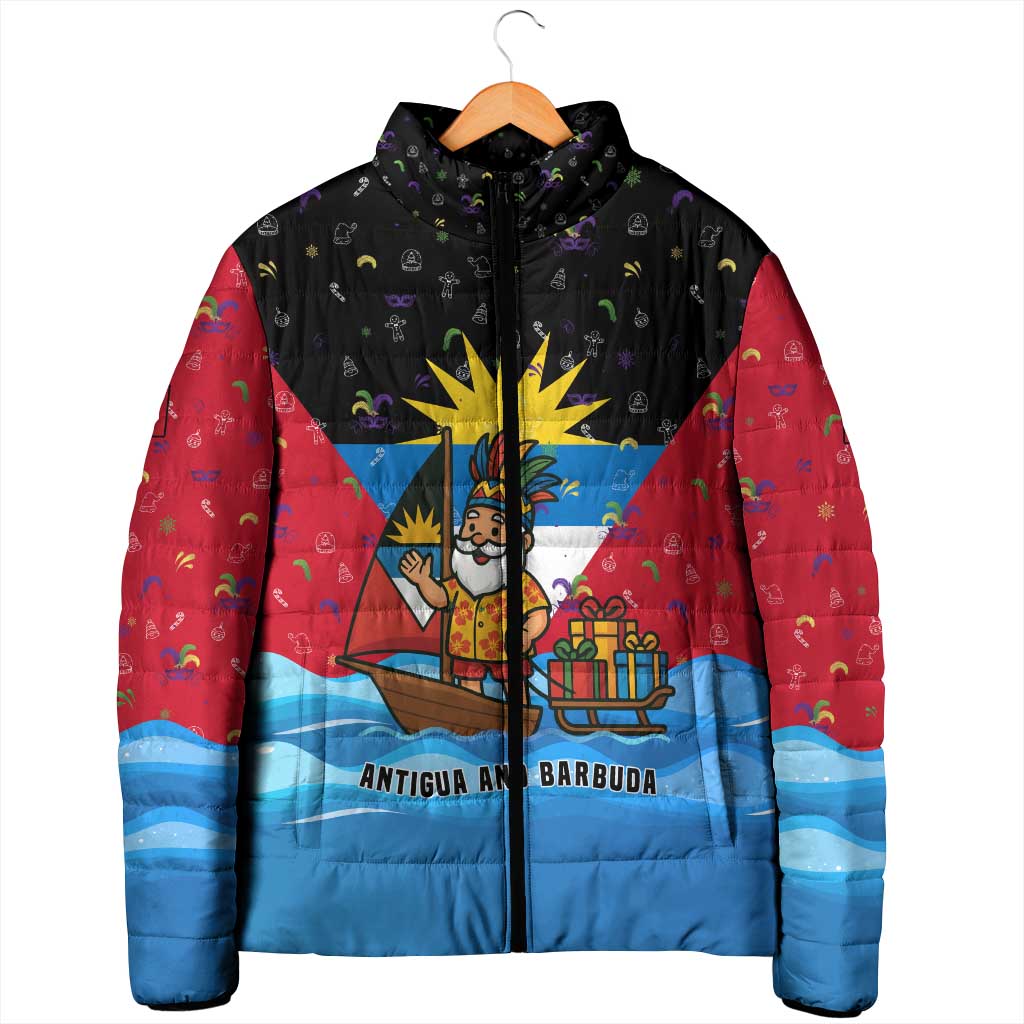 Antigua and Barbuda Christmas Padded Jacket with Santa Sailboat Island Flag and Tropical Gift Design - Wonder Print Shop