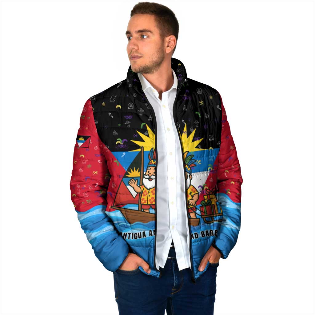 Antigua and Barbuda Christmas Padded Jacket with Santa Sailboat Island Flag and Tropical Gift Design - Wonder Print Shop