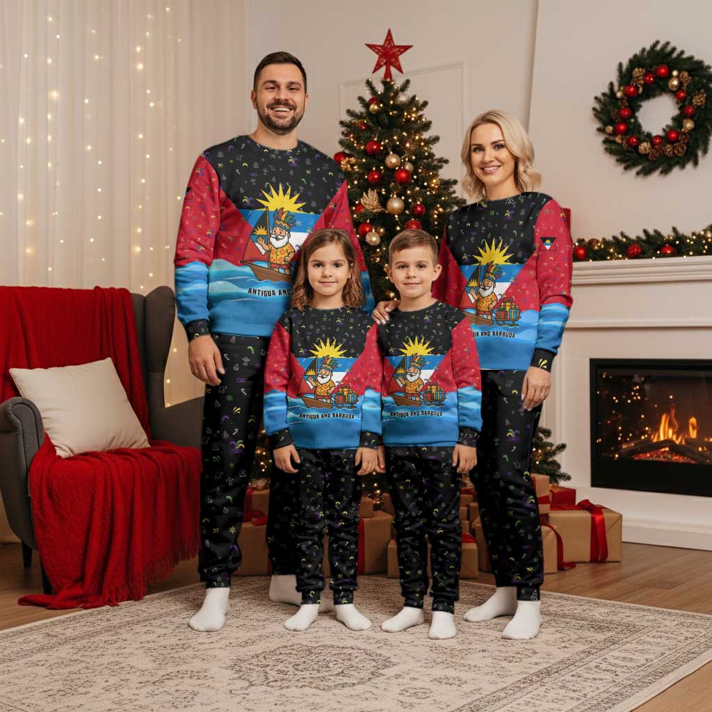 Antigua and Barbuda Christmas Pajama Set with Santa Sailboat Island Flag and Tropical Gift Design - Wonder Print Shop