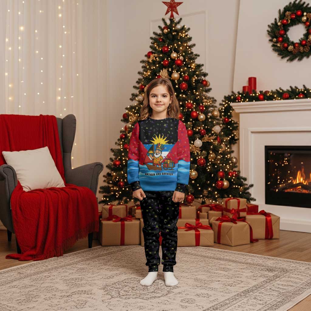 Antigua and Barbuda Christmas Pajama Set with Santa Sailboat Island Flag and Tropical Gift Design - Wonder Print Shop