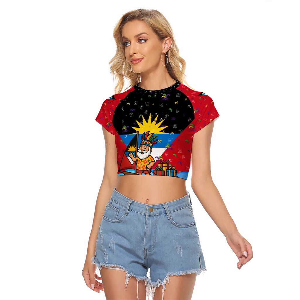 Antigua and Barbuda Christmas Raglan Cropped T Shirt with Santa Sailboat Island Flag and Tropical Gift Design - Wonder Print Shop