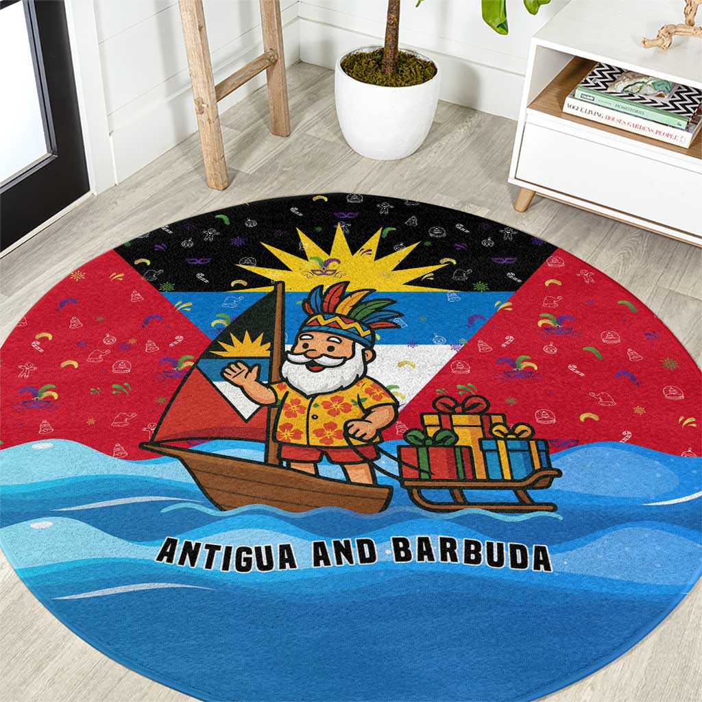 Antigua and Barbuda Christmas Round Carpet with Santa Sailboat Island Flag and Tropical Gift Design - Wonder Print Shop