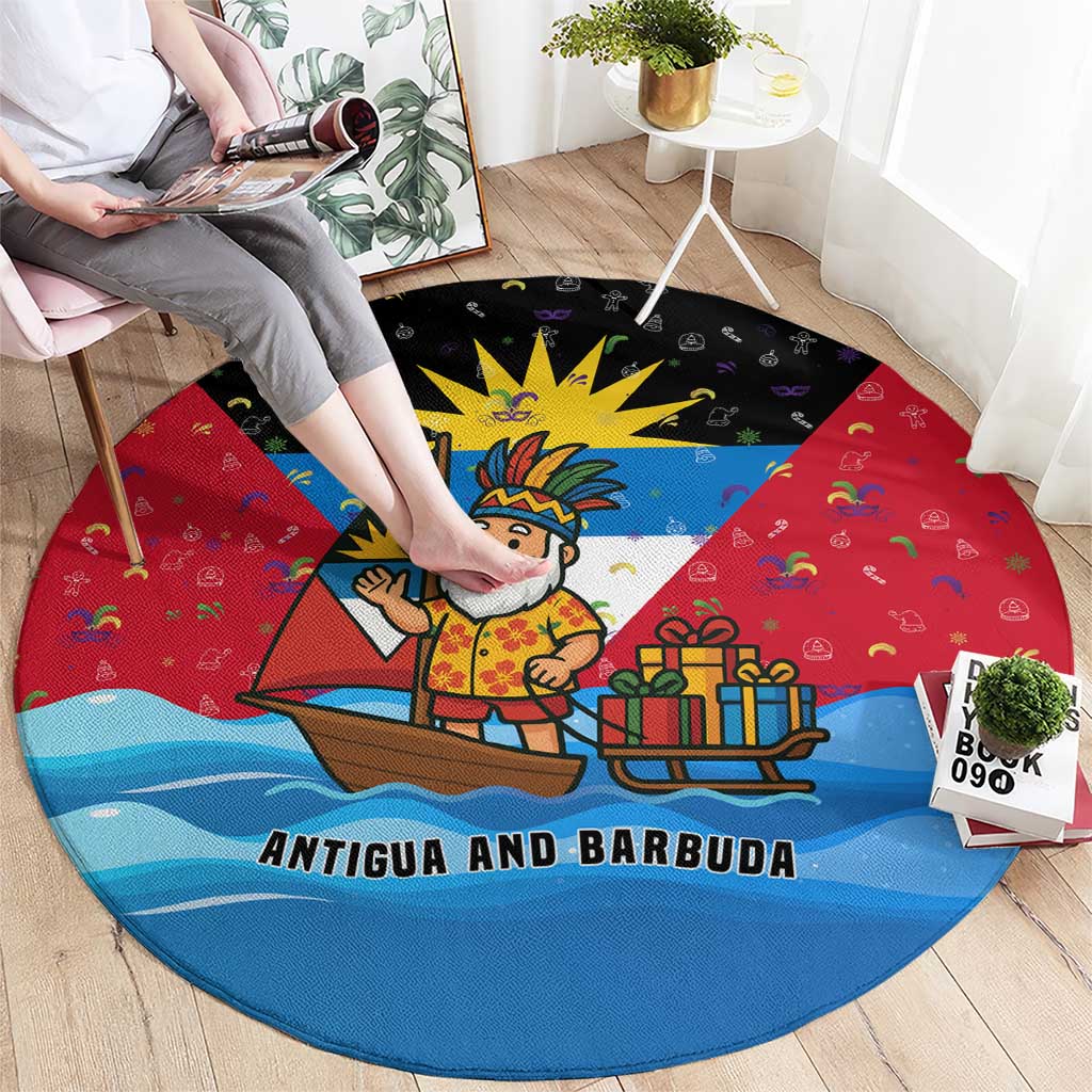 Antigua and Barbuda Christmas Round Carpet with Santa Sailboat Island Flag and Tropical Gift Design - Wonder Print Shop