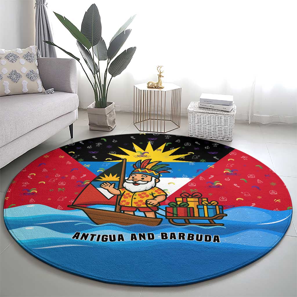 Antigua and Barbuda Christmas Round Carpet with Santa Sailboat Island Flag and Tropical Gift Design - Wonder Print Shop